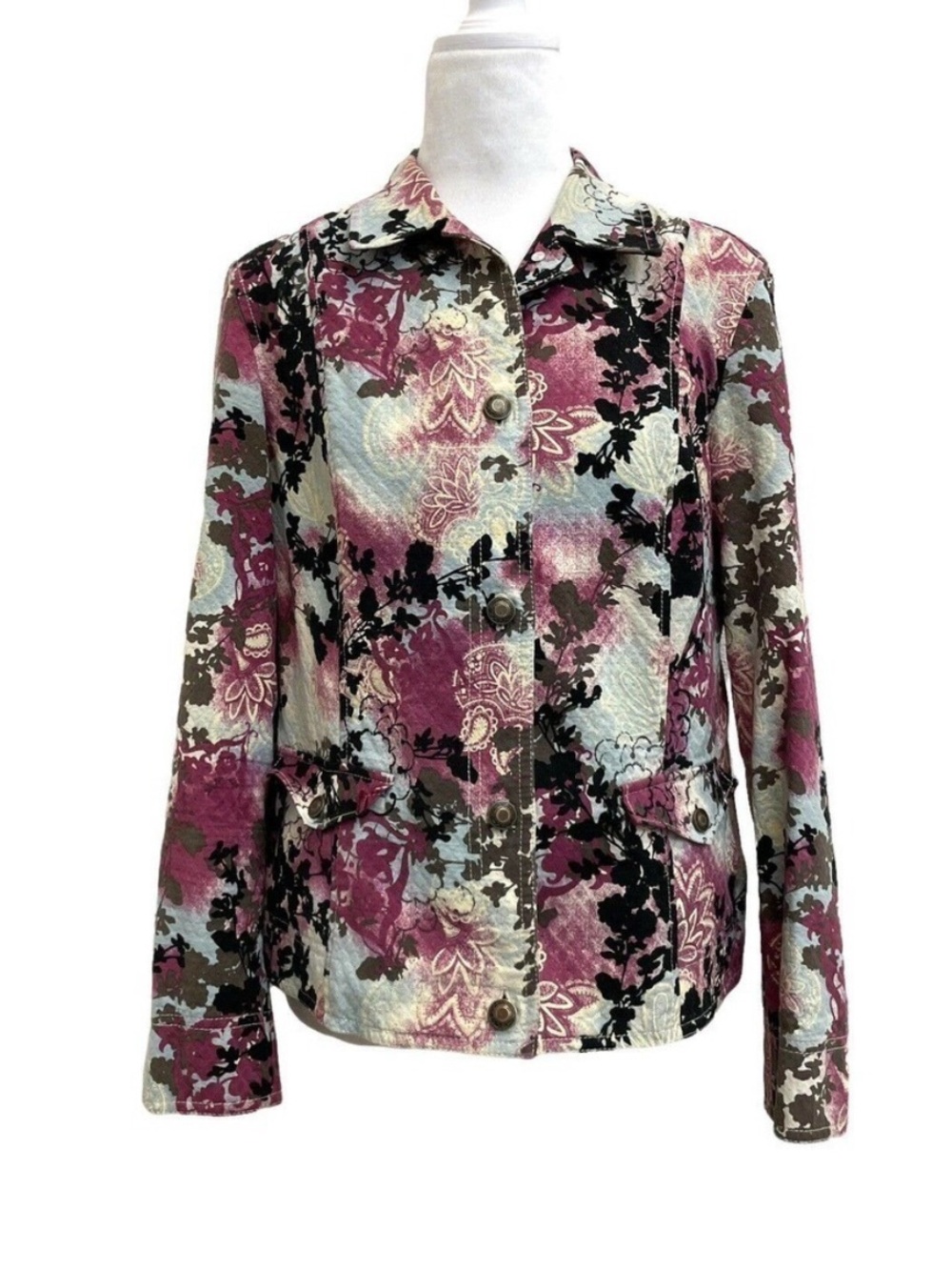 Amber Sun Blue & Purple Floral Textured Cotton Button Front Retro Jacket